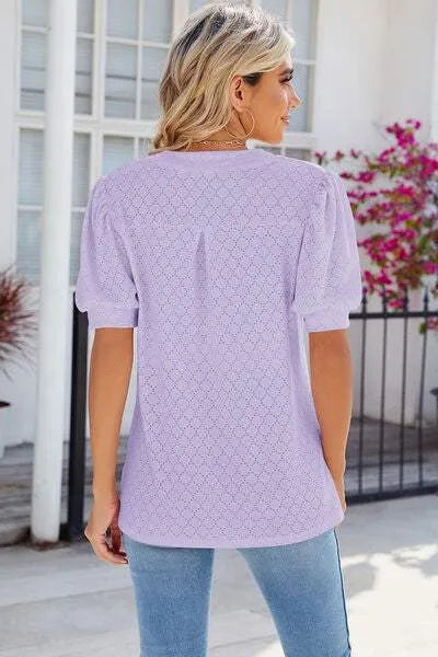 Eyelet Notched Puff Sleeve T-Shirt Women's T-Shirts - Tophatter Daily Deals